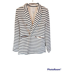 Joie Boyfriend Blazer Stripe One Button Boucle Oversized Suit Jacket Nav…